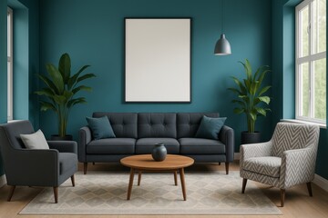 Modern Teal Living Room Interior Design Mockup Elegant Sofa Armchairs Coffee Table Plants Stylish Home Decor Spacious Room Apartment Interior Design Inspiration Comfortable Seating Area Blue Walls    