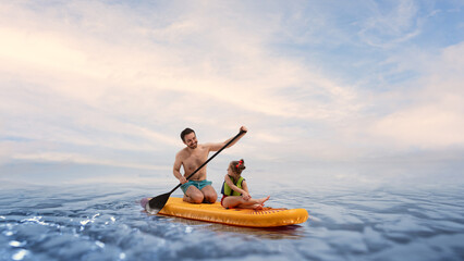 Smiling father paddles on paddleboard with his child daughter sits looking at him on sup board in calm water. Composite image, collage. Concept of sport, active lifestyle, vacation, summer activity