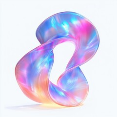 Abstract smooth twisted ribbon sculpture with iridescent vibrant gradient colors blending blue, pink, and orange on a white background