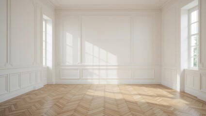 Bright, Minimalist White Room with Natural Light and Elegant Wood Flooring in Spacious Interior
