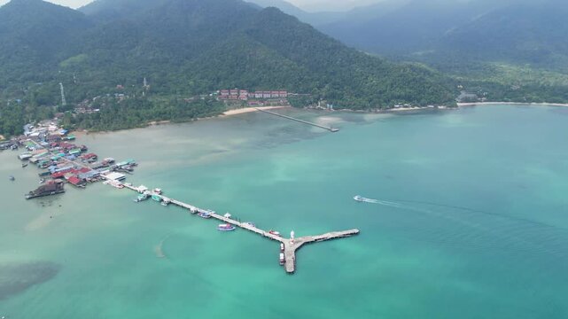 Aerial view of Bang Bao Pier and lighthouse on Koh Chang island, Trat, Thailand.