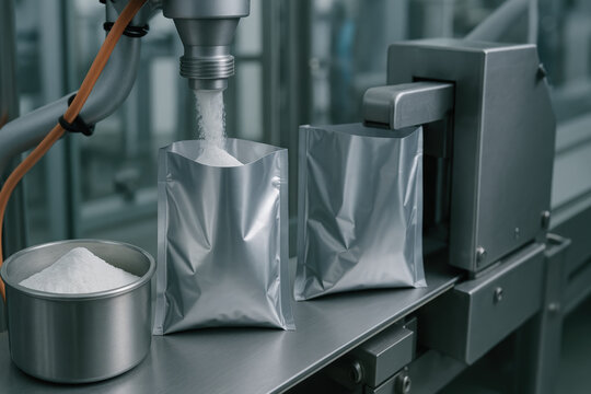 Pharmaceutical active ingredient powder filling machine packaging process with api in silver pouch on production line for industrial use