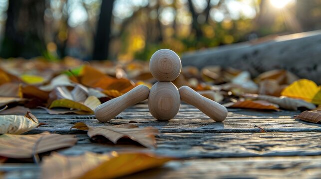 Exercising Outdoors: A wooden stick figure performing push-ups in a park, symbolizing the importance of outdoor exercise and a commitment to staying fit and healthy.
