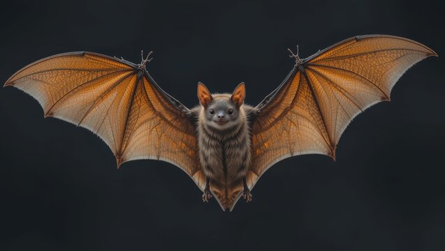 Brown Bat Spreading Its Wings in Flight Against a Dark Background During Nighttime