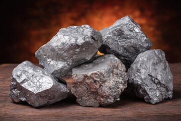 Raw metallic lumps on wooden surface