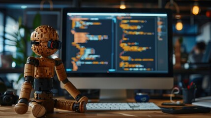 Coding: A wooden stick figure working at a desk, typing code on a wooden keyboard, illustrating the process of software development and the power of programming.
