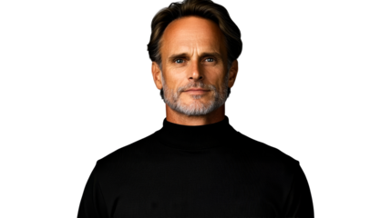 Mature man portrait in black turtleneck, cut out transparent