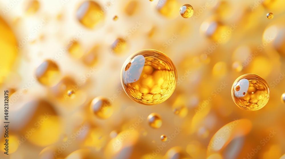 Poster close-up of shimmering oil drops floating on a bright yellow background with light reflections and b