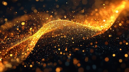 Abstract golden glitter wave with sparkling particles on a dark background perfect for creative design projects