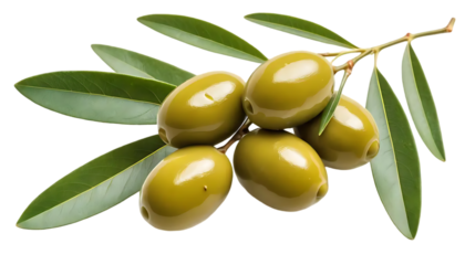 A close up shows a cluster of green olives still on the branch.
