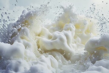 Close up of white foam with bubbles and splash effect for backgrounds, textures, and product mockups.