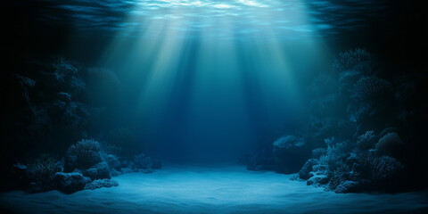 Naklejka premium Surreal Underwater Ocean Scene with Sunlit Coral and Quiet Ambience