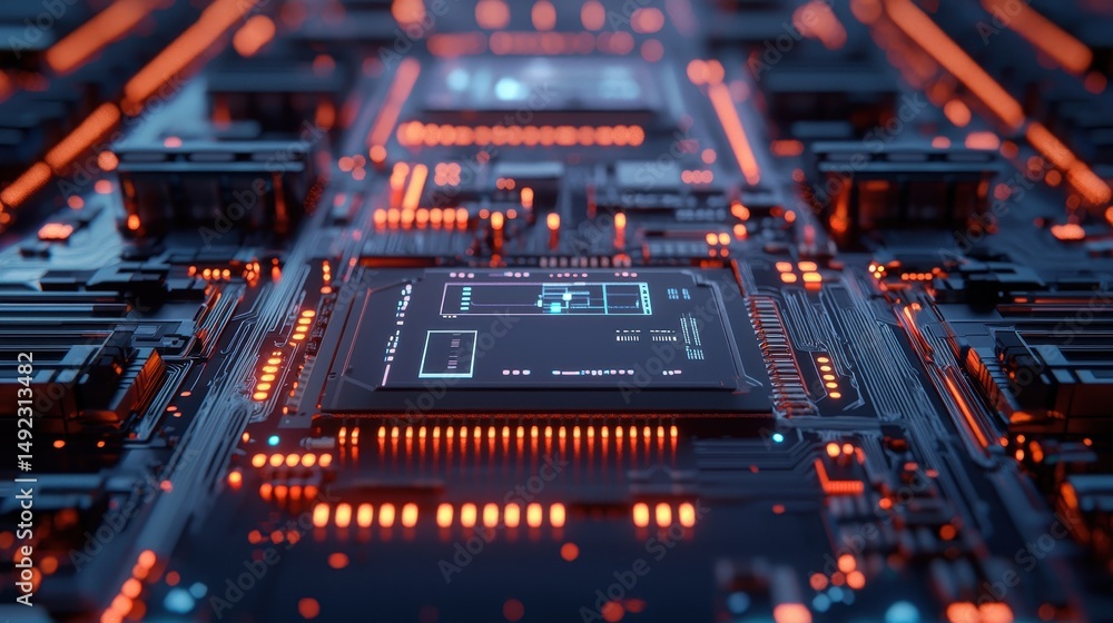 Poster futuristic circuit board design with neon lights and high-tech elements for technology concepts and 