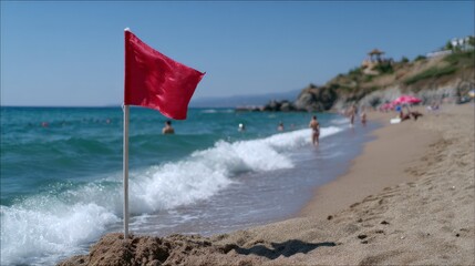Red warning flag on sandy beach with ocean waves and distant swimmers