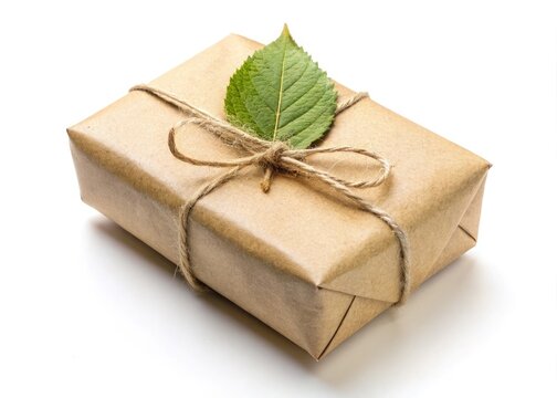 Natural kraft paper gift box, eco-friendly parcel with twine and green leaf