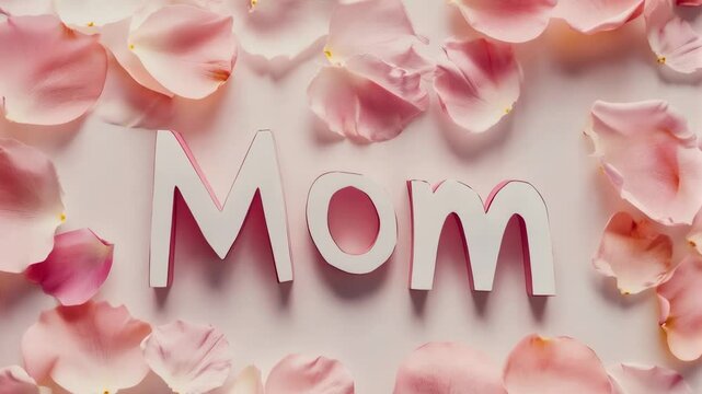 Delicate pink rose petals enveloping white and pink letters spelling mom, forming elegant visual tribute celebrating maternal love and warmth of motherhood