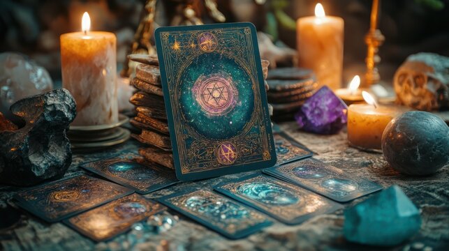 Mystic Tarot Card Reading, Candles, Crystals, Mystical Background, Occult