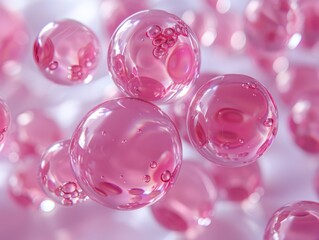 Several shiny translucent pink spheres contain smaller bubbles suspended within them on a soft pink backdrop.