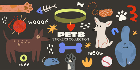 Collection of cute cartoon pets stickers. Vector pets, cats and dogs clipart in a groovy style. Zoo set, accessories and equipment for animals in doodle retro style