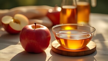 Refreshing Apple Cider Drink with Red Apples on Wooden Board
