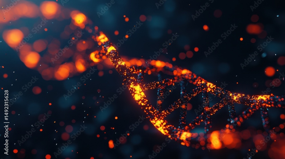 Poster abstract visualization of dna helix structure highlighted with glowing orange particles in dark back