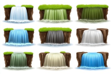 Various artistic representations of waterfalls cascading down rocky cliffs surrounded by lush green grass showcasing vibrant colors and unique textures creating a serene natural landscape