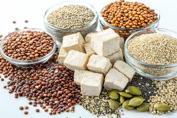Obraz premium Healthy ingredients including quinoa lentils nuts seeds and tofu cubes displayed on a table in a detailed photorealistic high quality food photography composition