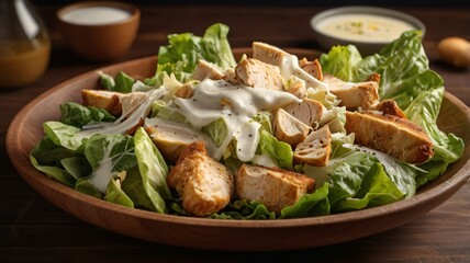 Authentic Italian Caesar with romaine lettuce, grilled chicken, croutons, parmesan cheese, and creamy Caesar dressing, realistic food photography style, served on a wooden table