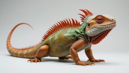 Fototapeta premium Colorful Lizard with Green and Orange Scales Posing on a Neutral Background