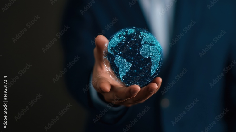 Poster digital globe in hands showing global connectivity and modern technology in business environment