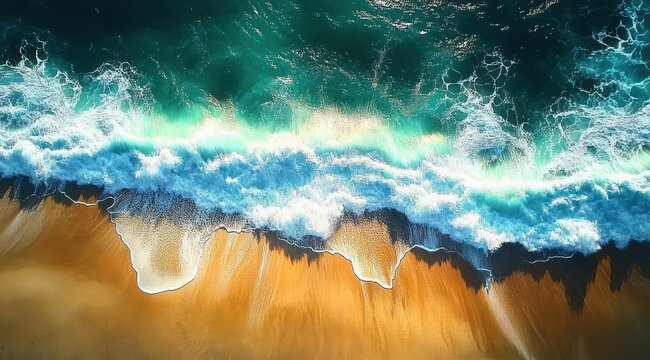 Aerial view of ocean waves crashing onto a golden sandy beach with vibrant blue and green water creating white foam and dynamic patterns - Powered by Adobe
