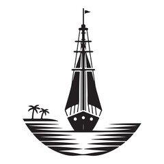 Island Harbor Sailing Ship Silhouette Scene Vector Illustration Art