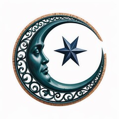 Ornate Crescent Moon with Star Design Element Teal and Brown