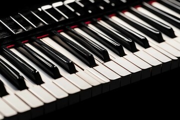 Close-up view of a piano keyboard showing alternating black and white keys with glossy texture and soft lighting