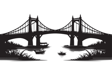 Silhouette Bridge over River Illustration Vector Graphic Stock