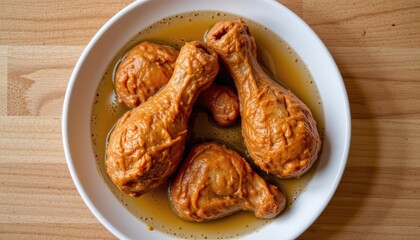 Delicious Fried Chicken Drumsticks Marinated in Flavorful Sauce Served in a White Bowl