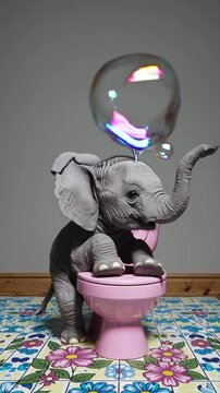 &Eacute;l&eacute;phanteau assis sur des toilettes roses avec bulles de savon color&eacute;es


