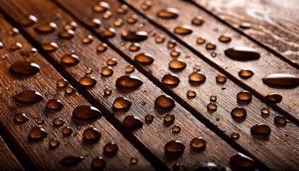water drops on wooden surface close up