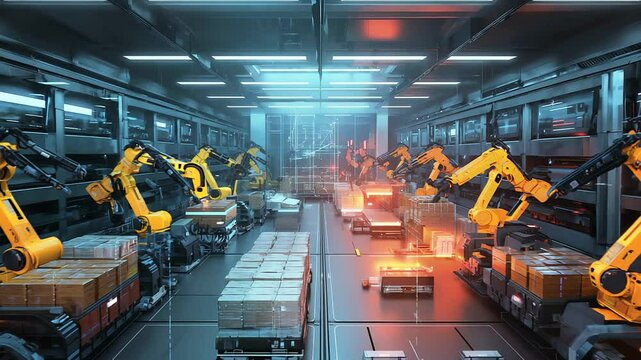Futuristic global logistics hub with autonomous robotic arms sorting cargo, neon lighting, high-tech warehouse, global data visualization overlays - Powered by Adobe