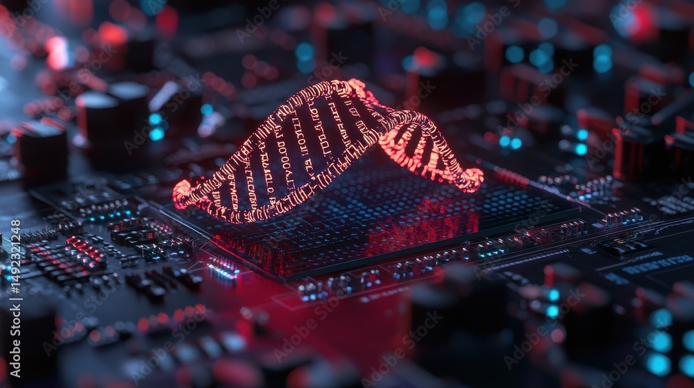 Poster futuristic digital circuit board with dna helix and binary code in neon colors
