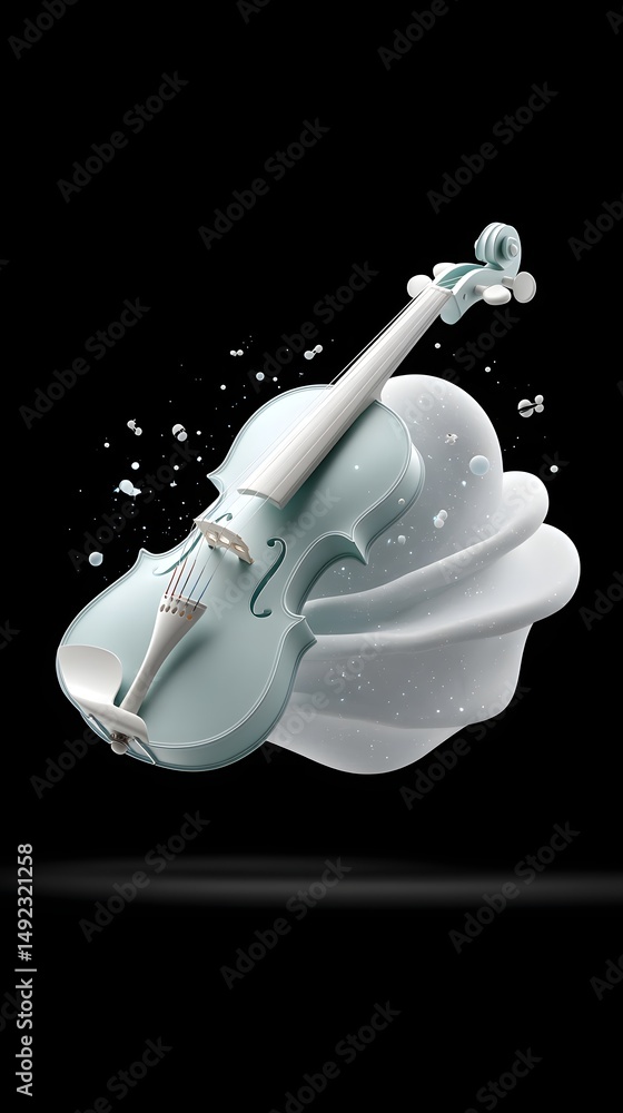 Poster surreal levitating violin with strings that extend into infinity, floating notes glowing softly, dre