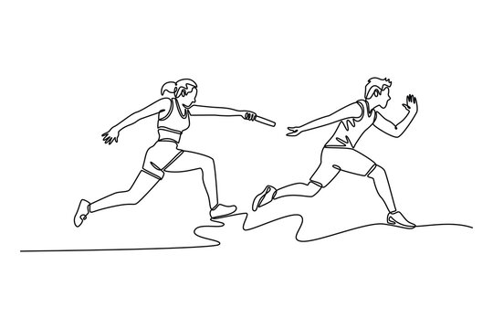 Single continuous line drawing sprinters male and female pass baton in thrilling relay race. Sprint or teamwork for cardio training or workout. Dynamic one line draw graphic design vector illustration