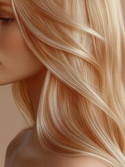 Naklejka premium Close-up of a woman with long smooth blonde hair cascading over her shoulder, showing delicate facial features and soft skin tone