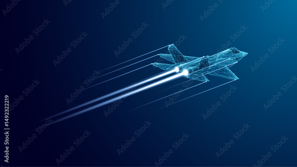 Poster fighter jet with speed light line. supersonic digital jet fighter in futuristic wireframe style. tec