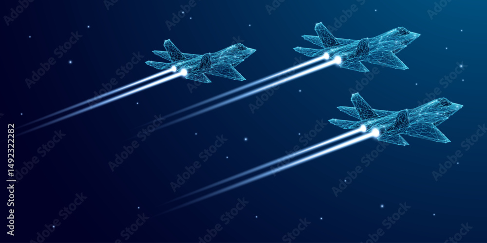 Poster Military three Fighter Jets in flight. Digital airplane in futuristic low poly wireframe style. High-speed tech innovation concept. Army aircraft in nightly starry sky. Tech aviation background.