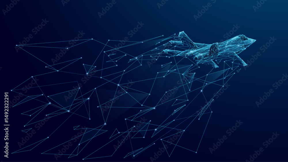 Aufkleber Abstract fighter jet. Digital military supersonic airplane. Technology innovation speed concept. Abstract wireframe aircraft consist of connected dots. Tech background. Vector futuristic illustration.