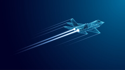 Fototapeta na wymiar Fighter jet with speed light line. Supersonic digital jet fighter in futuristic wireframe style. Technology military airplane hologram. High-speed innovations concept. Abstract aircraft background.
