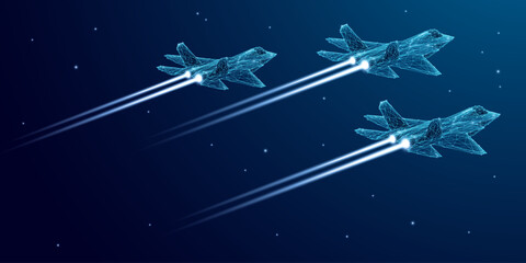 Military three Fighter Jets in flight. Digital airplane in futuristic low poly wireframe style. High-speed tech innovation concept. Army aircraft in nightly starry sky. Tech aviation background.