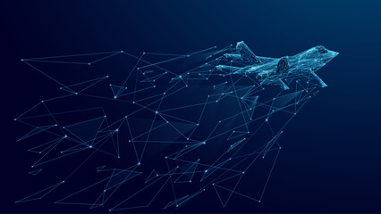 Abstract fighter jet. Digital military supersonic airplane. Technology innovation speed concept. Abstract wireframe aircraft consist of connected dots. Tech background. Vector futuristic illustration.