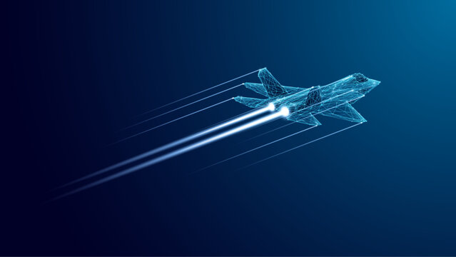 Fighter jet with speed light line. Supersonic digital jet fighter in futuristic wireframe style. Technology military airplane hologram. High-speed innovations concept. Abstract aircraft background.